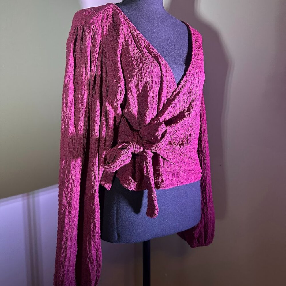 Soft Maroon Side-tie Blouse with Peasant Sleeves